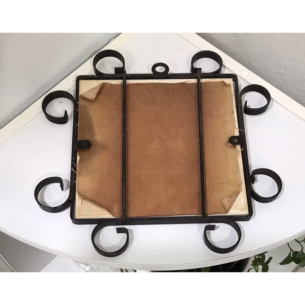 Vintage Geese Birds Tile Trivet Plaque Hand Paint Metal Scroll Frame Cabin Core